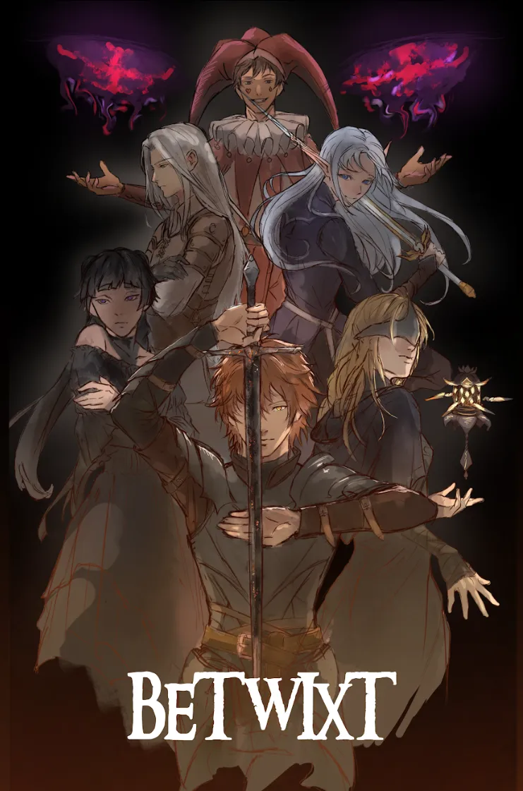 Betwixt cover — six figures gathered around a drawn sword